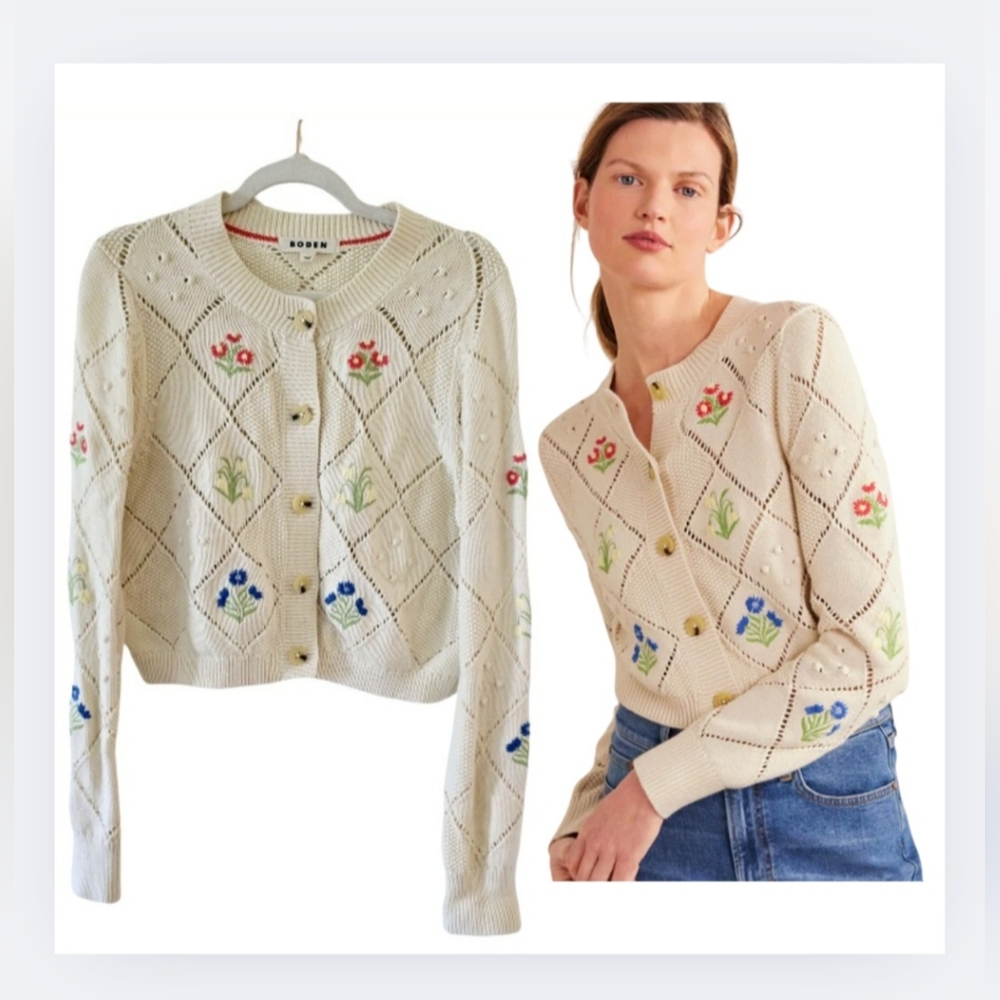 Boden Cream Cardigan with Floral Embroidery